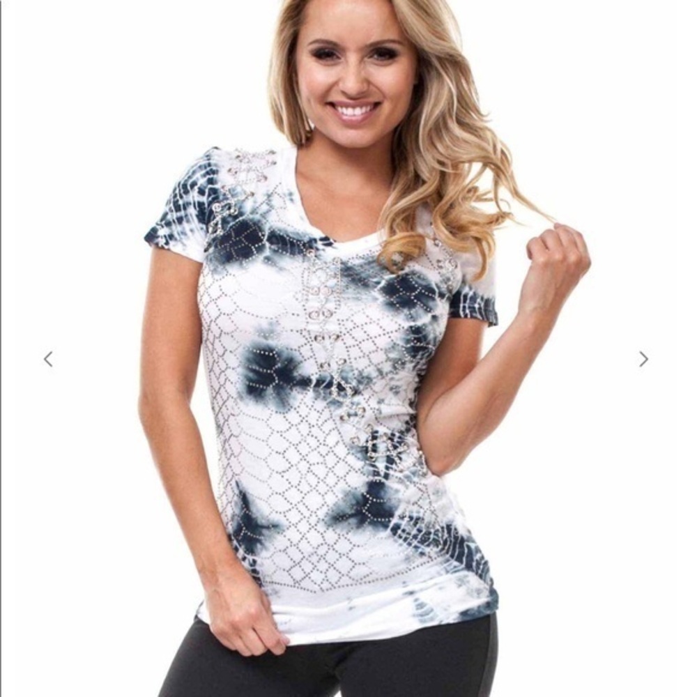 Tie Dye Patterned Chain Embellished Short Sleeve Tee Top